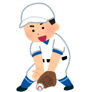 転がってきたボールをかがんでキャッチする野球少年のイラスト
