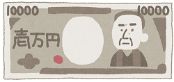 福沢諭吉の描かれた、かわいくデフォルメされた1万円札のイラスト